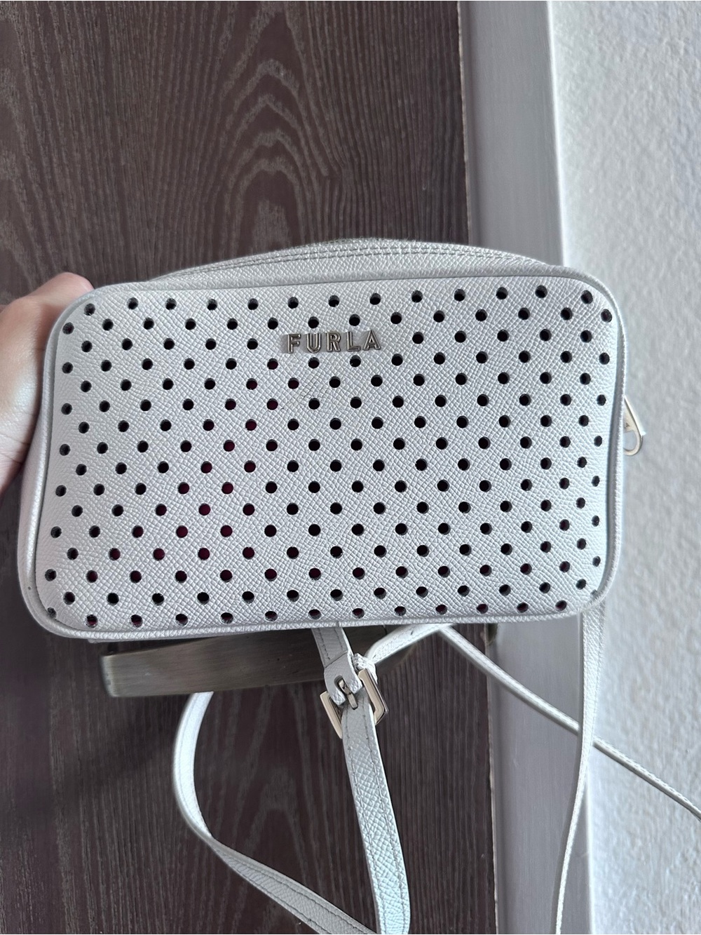 Furla White Perforated Leather Crossbody with Gold Logo